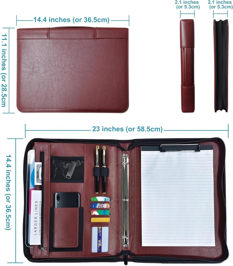 WEYEAH Faux Leather 3 Ring Portfolio Binder With Handle, Business Padfolio for Men & Women, Zippered Document Organizer for Home & Office Use, Including Clipboard, Notepad and Sheet Protectors (Brown) - Image 2